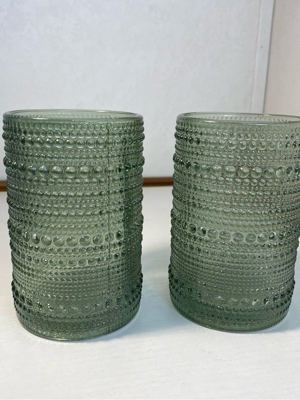 12oz Green Highball Glasses, Set of 2, Thick Beaded Textured Glass